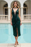 Pine Ruched Beaded Cocktail Dress with Slit