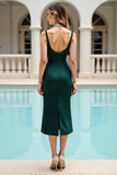 Pine Ruched Beaded Cocktail Dress with Slit