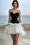 Chic Black White Sweetheart Ruffled Graduation Dress