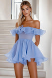 Off the Shoulder Ruffle Blue Graduation Dress