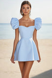 Blue A Line Graduation Dress with Puff Sleeves