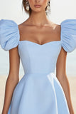 Blue A Line Graduation Dress with Puff Sleeves