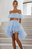 Off The Shoulder Two Pieces Blue High-Low Graduation Dress