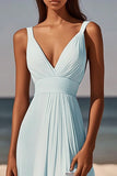 Blue A Line Asymmetrical Chiffon Graduation Dress