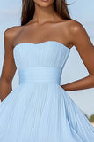 Strapless Blue A Line Graduation Dress