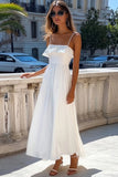 White Spaghetti Straps A Line Long Holiday Party Dress With Ruffles
