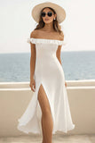 Off The Shoulder White Ruffled Holiday Party Dress With Slit