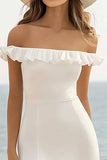 Off The Shoulder White Ruffled Holiday Party Dress With Slit