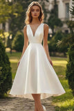Simple Satin White A Line Midi Graduation Dress