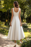 White Satin A Line Midi Graduation Dress
