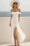 Off The Shoulder Mermaid White Holiday Party Dress With Slit
