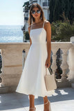 Simple A Line Spaghetti Straps White Midi Graduation Dress