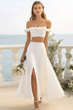 Off The Shoulder Two Pieces A Line White Holiday Party Dress With Slit