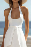 Halter A Line White Midi Graduation Dress With Slit