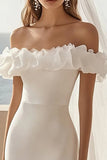Off The Shoulder White Knee Length Bodycon Ruffled Graduation Dress With Slit