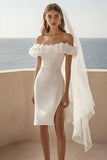 Off The Shoulder White Knee Length Bodycon Ruffled Graduation Dress With Slit
