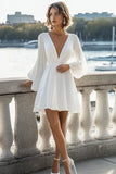 White V Neck A Line Short Graduation Dress with Long Sleeves