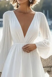 White V Neck A Line Short Graduation Dress with Long Sleeves