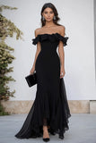 Off The Shoulder Chiffon Black Tie Dress with Ruffles