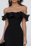 Off The Shoulder Chiffon Black Tie Dress with Ruffles
