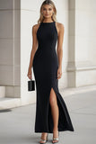 Halter Bodycon Black Tie Dress with Slit