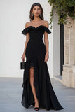 Off The Shoulder Ruffled Black Tie Dress with Slit