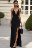 Sheath Satin Spaghetti Straps Black Tie Dress with Slit