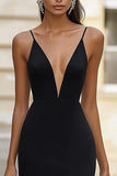 Sheath Satin Spaghetti Straps Black Tie Dress with Slit