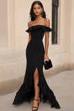 Mermaid Off The Shoulder Ruffled Black Tie Dress with Slit