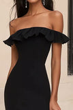 Mermaid Off The Shoulder Ruffled Black Tie Dress with Slit