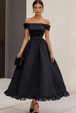 Off The Shoulder A Line Satin Black Tie Dress with Ruffles