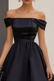 Off The Shoulder A Line Satin Black Tie Dress with Ruffles
