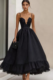Ruffled Tea Length A Line Black Tie Dress with Appliques