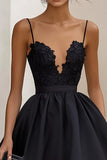 Ruffled Tea Length A Line Black Tie Dress with Appliques