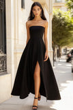 Strapless A Line Tea Length Black Tie Dress with Slit