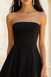 Strapless A Line Tea Length Black Tie Dress with Slit