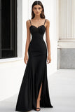 A Line Spaghetti Straps Appliqued Black Tie Dress with Slit