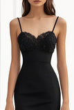 A Line Spaghetti Straps Appliqued Black Tie Dress with Slit