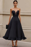 Strapless Satin A Line Black Tie Dress with Appliques