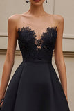 Strapless Satin A Line Black Tie Dress with Appliques