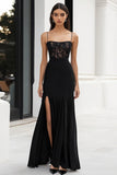 A Line Spaghetti Straps Slit Black Tie Dress with Appliques