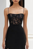 A Line Spaghetti Straps Slit Black Tie Dress with Appliques