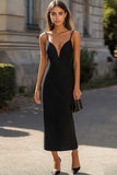 Satin Spaghetti Straps Sheath Tea Length Black Tie Dress