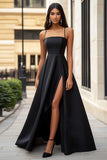 Satin A Line Black Tie Dress with Slit