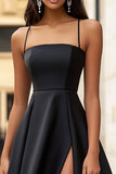 Satin A Line Black Tie Dress with Slit