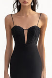 Spaghetti Straps A Line Appliqued Black Tie Dress