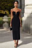 Spaghetti Straps Sheath Midi Black Tie Dress