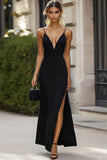 Sheath Spaghetti Straps Black Tie Dress with Slit