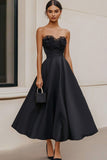 Strapless Satin Appliqued A Line Black Tie Dress