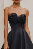 Strapless Satin Appliqued A Line Black Tie Dress